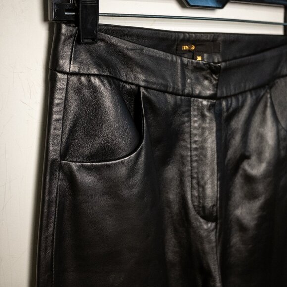 Maje Black Leather Pants Cropped Flare Lambskin High Rise Trousers Size 36 - Picture 3 of 3